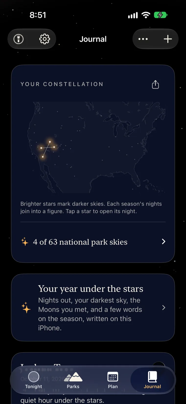 The journal with sample entries: a constellation of nights over a faint map of the United States, 4 of 63 national park skies, and a year under the stars.