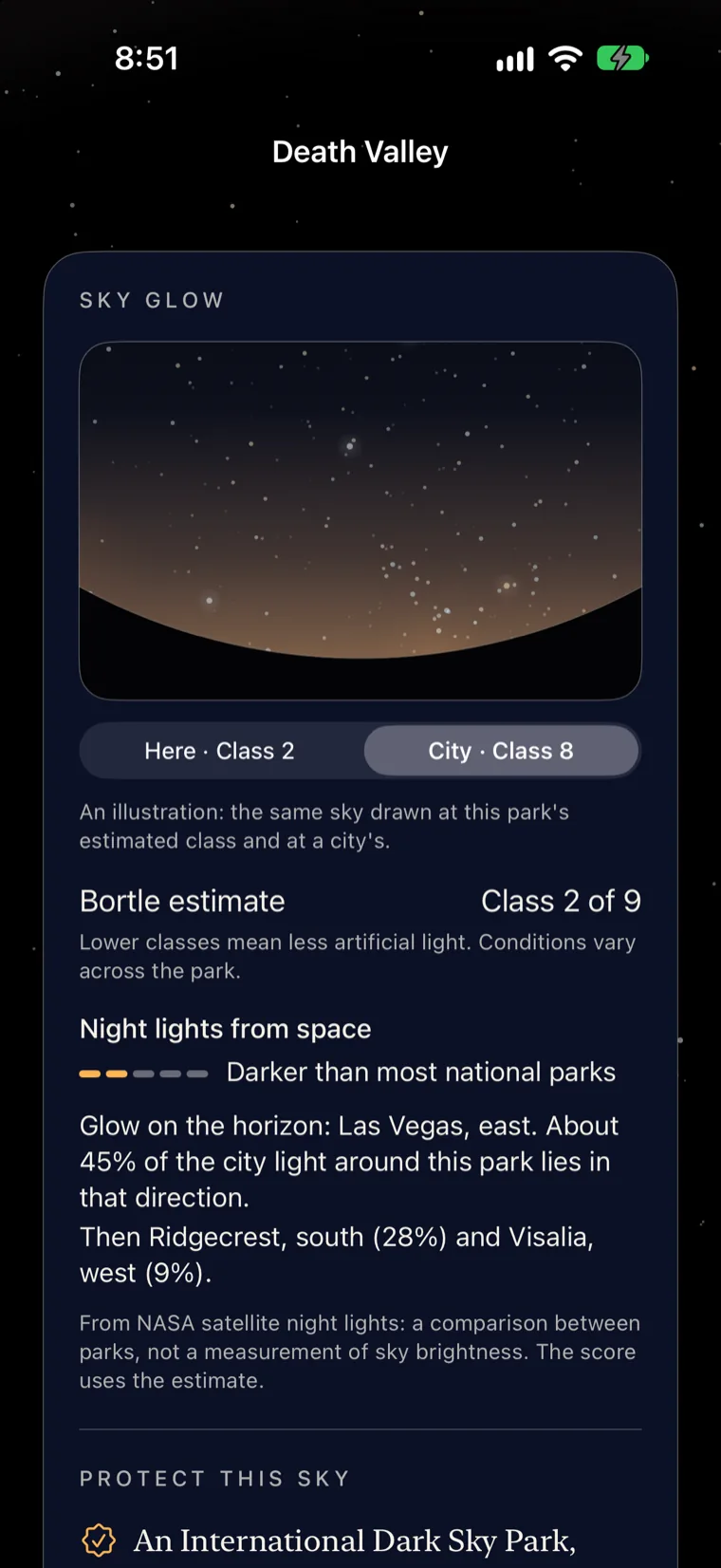 Death Valley's sky glow panel with City, Class 8 selected, a Bortle 2 estimate, and glow on the horizon from Las Vegas, Ridgecrest and Visalia.
