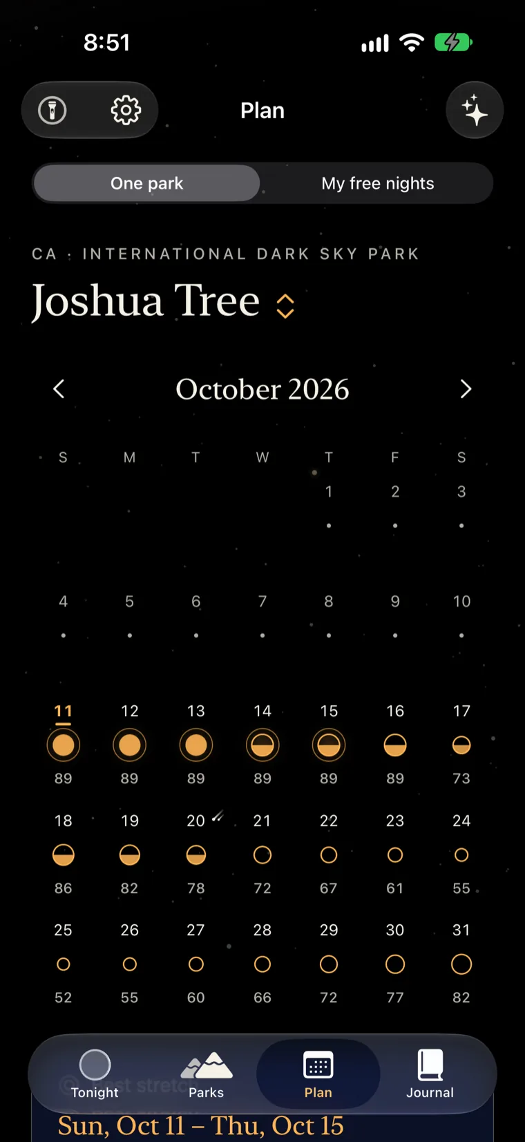 Plan, One park: Joshua Tree in October 2026. Nights are dots sized by score, filled, half filled or hollow by forecast, with October 11 to 15 ringed.