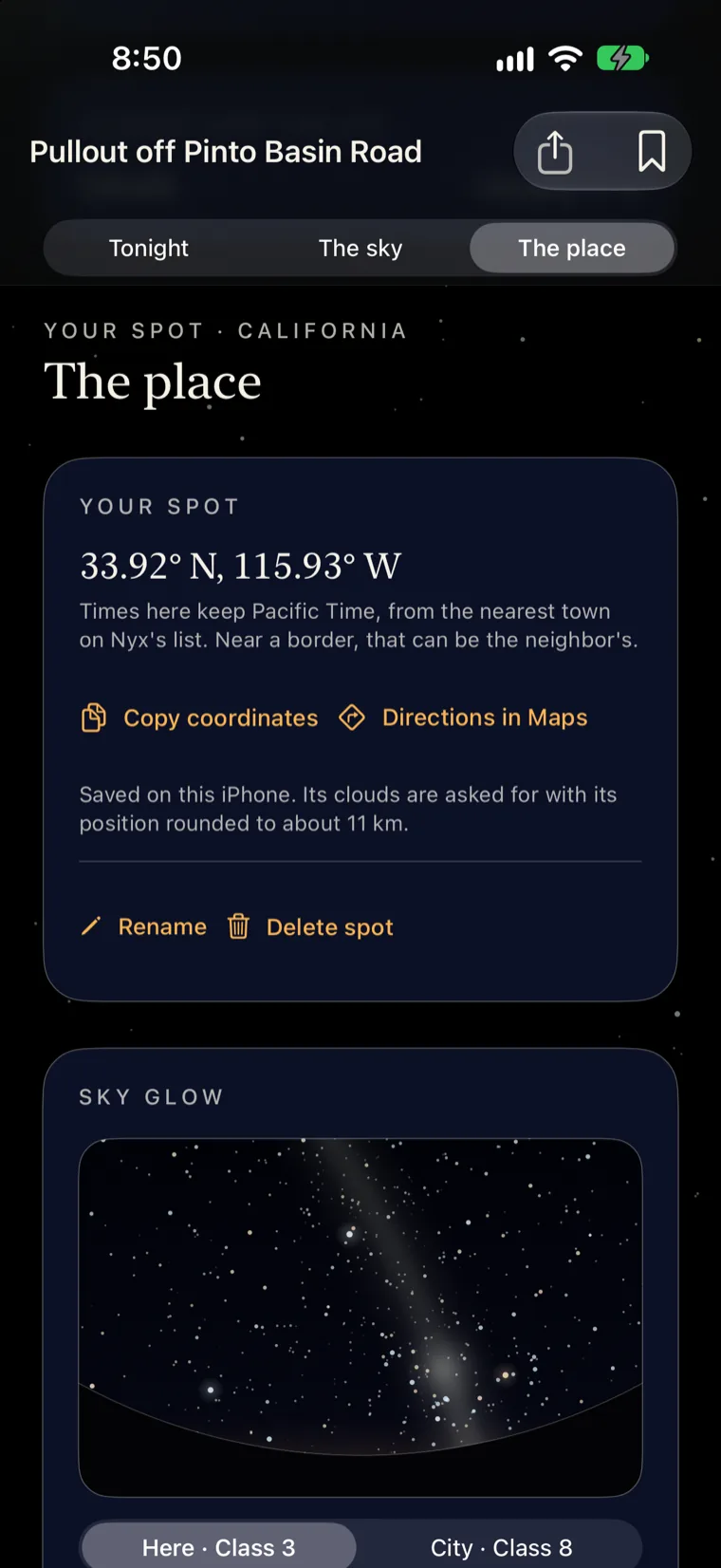 A saved spot, Pullout off Pinto Basin Road: its coordinates, a note that its clouds are asked for rounded to about 11 km (7 miles), and a sky glow picture.