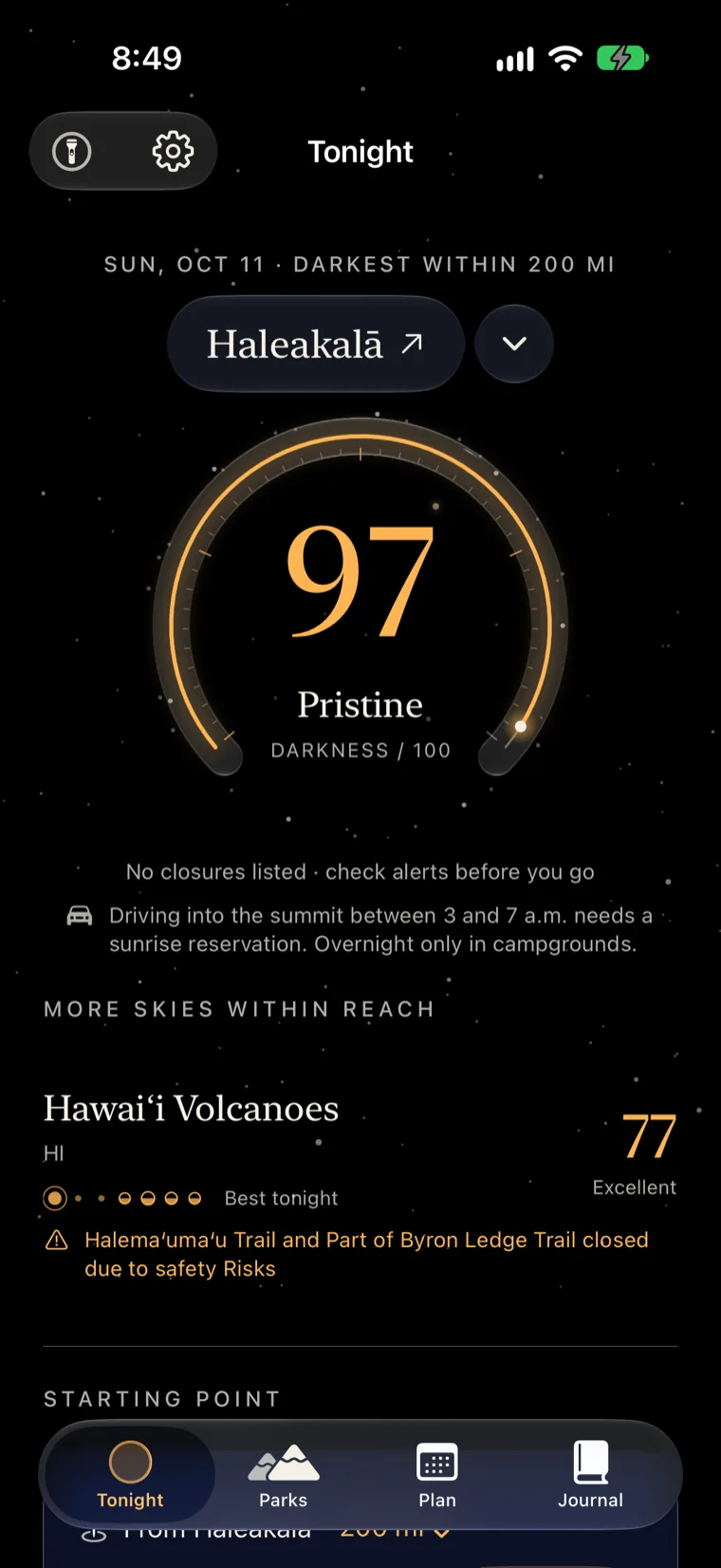 Tonight in Nyx on Sunday, October 11: Haleakalā is the darkest within 200 miles at 97, Pristine. Below, Hawaiʻi Volcanoes at 77, with a trail closure.