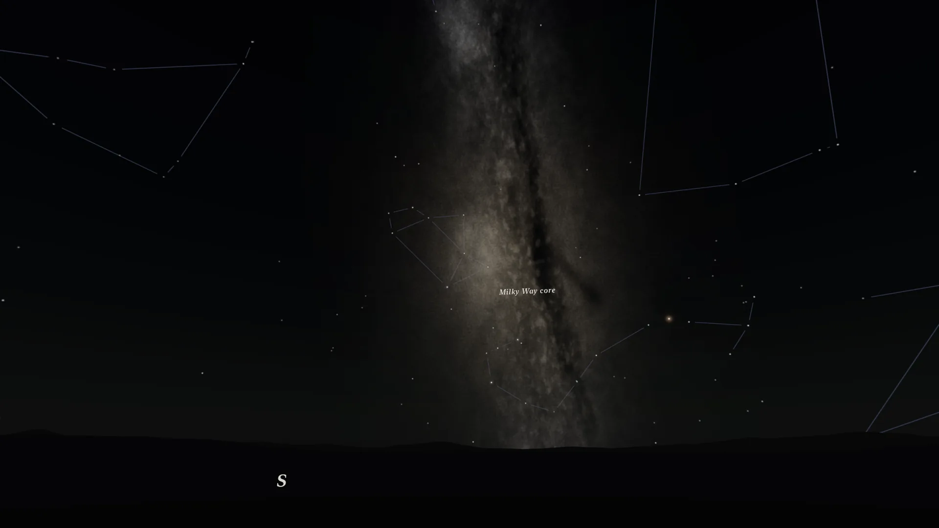 Nyx on Apple Vision Pro: standing under the computed Milky Way core, with constellation lines and a south marker on the horizon.