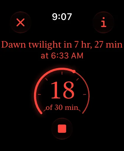 The dark-adaptation clock in red on Apple Watch: 18 of 30 minutes.