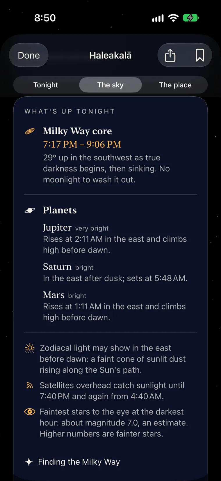 What's up tonight at Haleakalā: the Milky Way core from 7:17 to 9:06 PM, then Jupiter, Saturn and Mars, zodiacal light, satellites and the faintest stars.