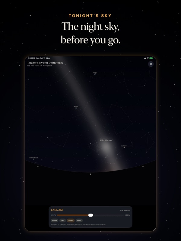 Nyx on iPad: tonight's sky over Death Valley with the Milky Way core and named stars.