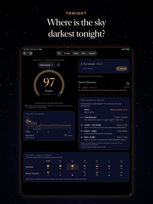 Nyx on iPad: Tonight from Haleakalā at 97, the next 30 nights and the next seven nights across parks in reach.