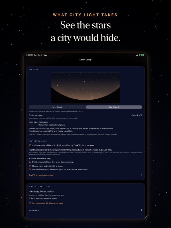 Nyx on iPad: Death Valley's sky drawn as a city would show it, and the glow on its horizon.