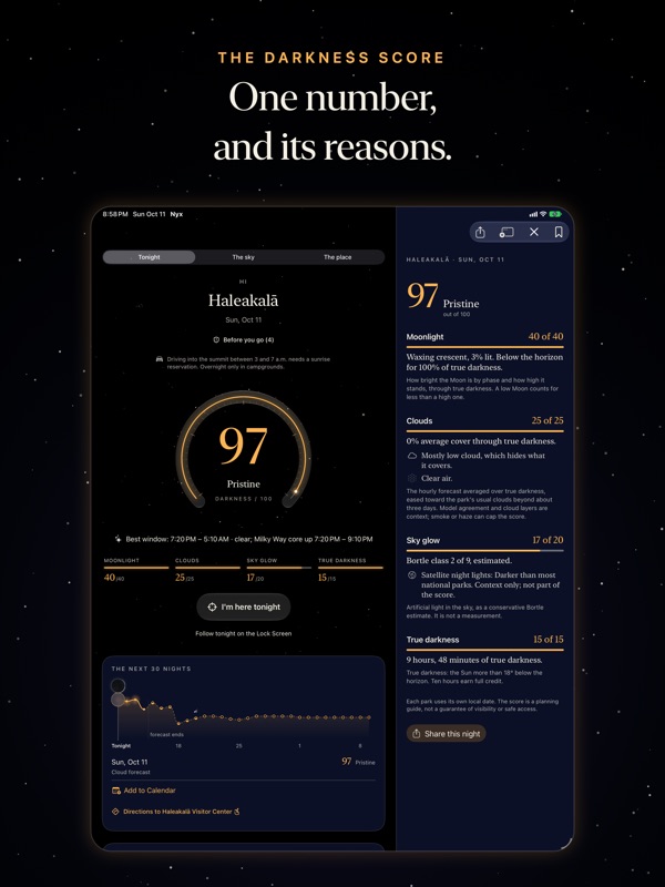 Nyx on iPad: Haleakalā at 97 beside its full breakdown of moonlight, clouds, sky glow and true darkness.