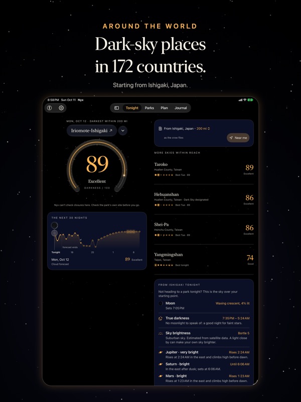 Nyx on iPad: Tonight from Ishigaki, Japan, with Iriomote-Ishigaki at 89 and dark-sky places in Taiwan.