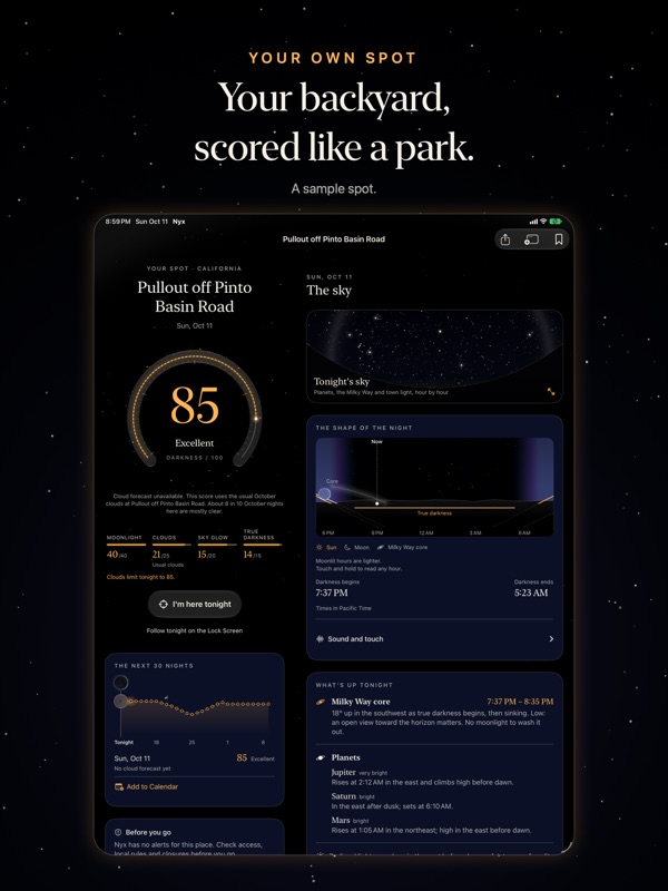 Nyx on iPad: a saved sample spot at 85, with the shape of the night and what's up tonight beside it.