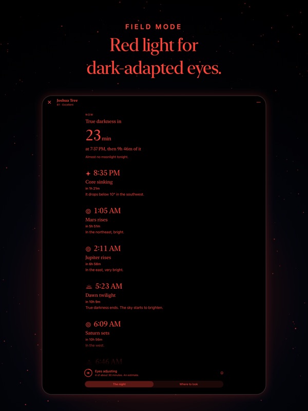 Nyx on iPad: field mode in red, counting down to true darkness.