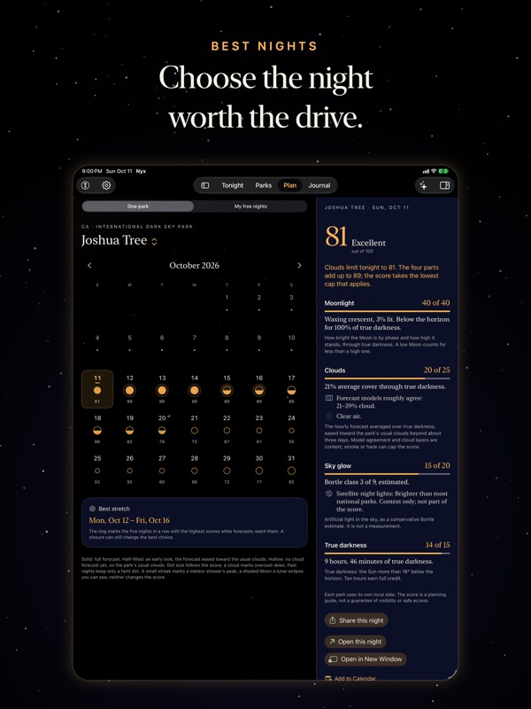 Nyx on iPad: Joshua Tree's October beside tonight's breakdown.