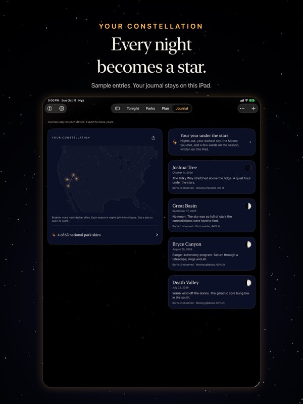 Nyx on iPad: the journal's constellation beside sample entries.