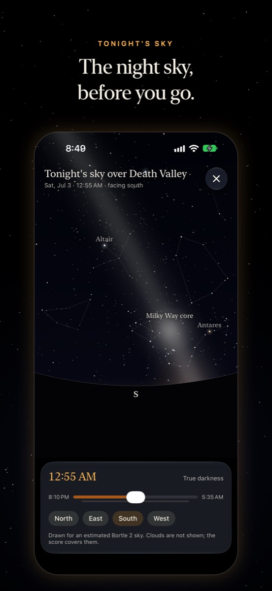 Tonight's sky over Death Valley on a summer night: the Milky Way core rising from the horizon, Altair and Antares named, and a time slider.