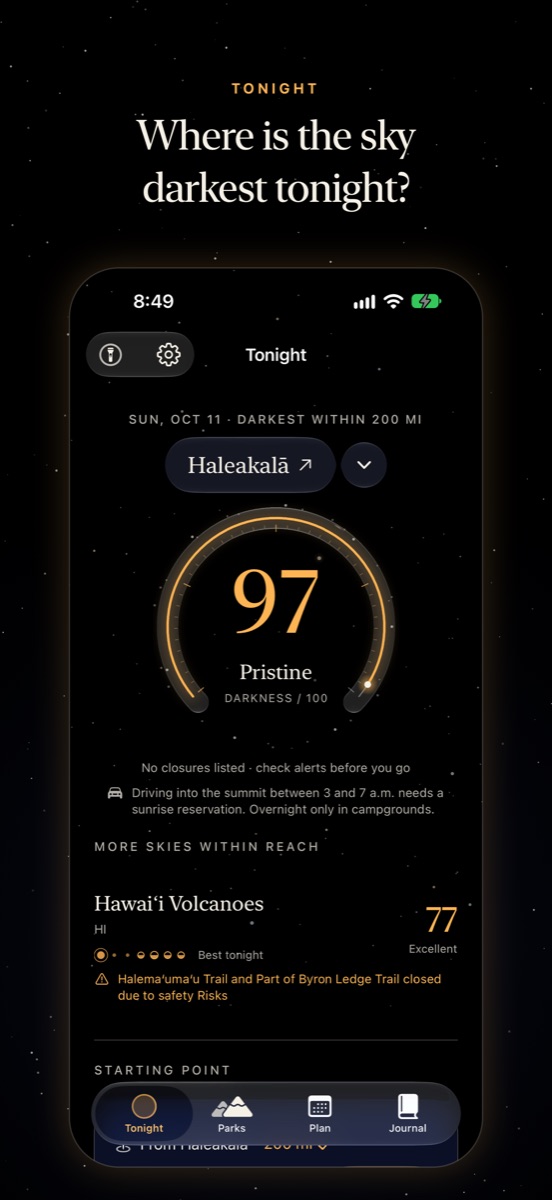 Tonight: Haleakalā 97, Pristine, the darkest within 200 miles, with no closures listed, then Hawaiʻi Volcanoes at 77.