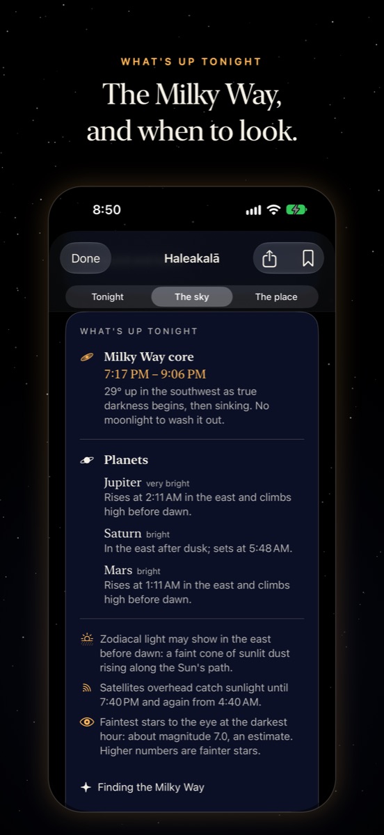 What's up tonight at Haleakalā: the Milky Way core's hours, Jupiter, Saturn and Mars, zodiacal light and satellites.
