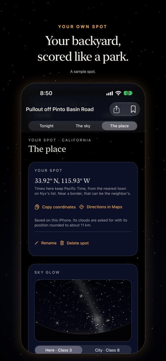 A saved spot, Pullout off Pinto Basin Road, with its coordinates, its time zone and its sky glow class. A sample spot.