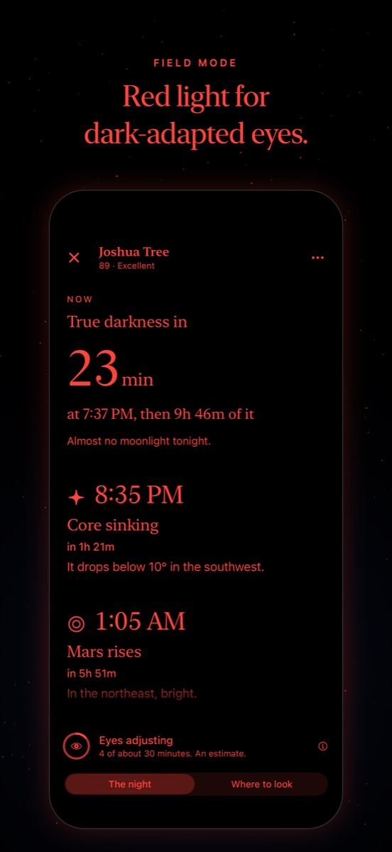 Field mode in red at Joshua Tree: true darkness in 23 minutes, the core sinking, Mars rising and the eyes-adjusting clock.
