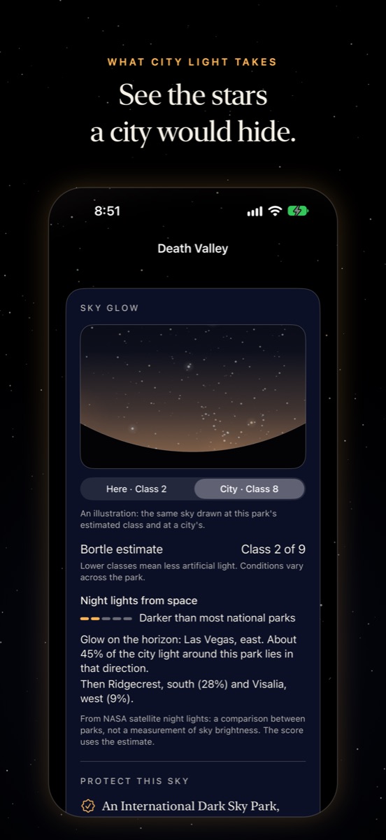 Death Valley's sky glow panel showing the same sky as a city would, and the towns whose glow rises on the horizon.