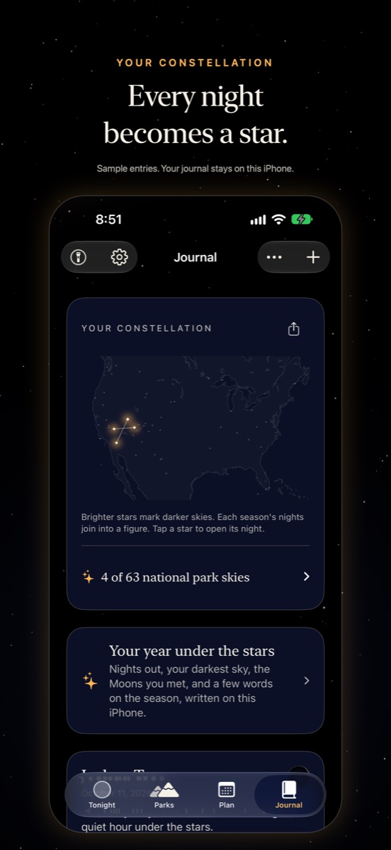 The journal's constellation and your year under the stars, with sample entries.