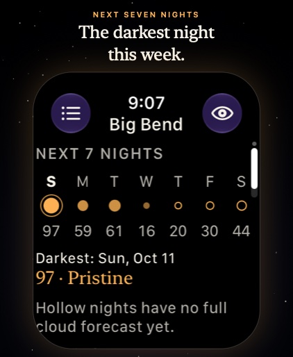 Nyx on Apple Watch: the next seven nights at Big Bend, from 97 on Sunday.