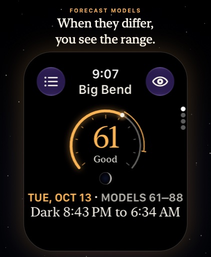 Nyx on Apple Watch: Big Bend at 61 on Tuesday, October 13, with the forecast models' range, 61 to 88.
