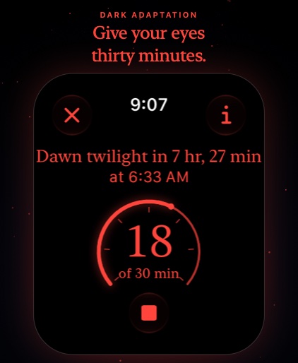 Nyx on Apple Watch: the dark-adaptation clock in red, 18 of 30 minutes.